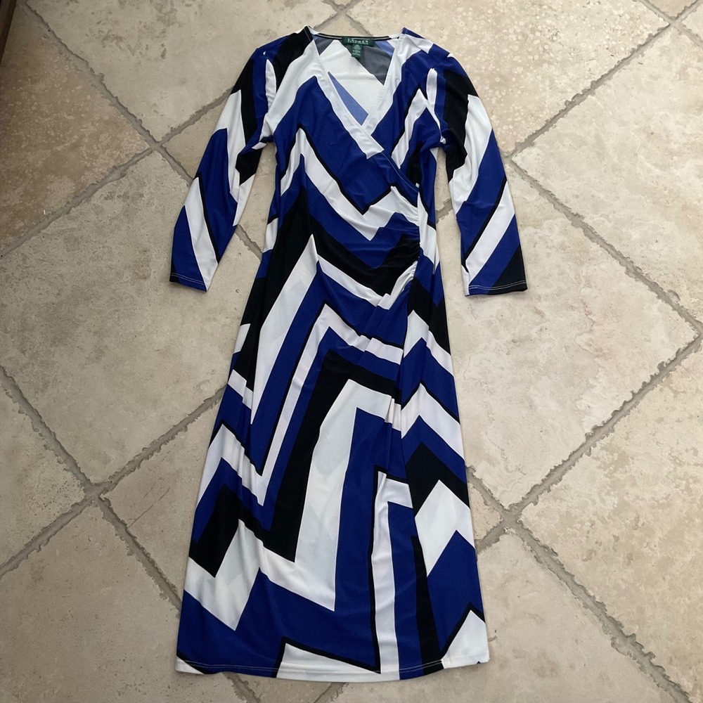 Lauren Ralph Lauren Womens Geometric Print Wrap Maxi Dress Blue Black White XS